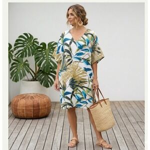 Chico's 100% Linen Dress Women's 1 M 8/10 Floral Bohemian Resort Cruise Vacation